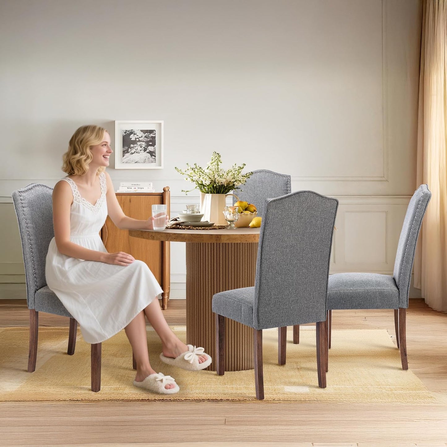 Stylish Upholstered Parsons Dining Chair with Silver Nailhead Trim and Sturdy Solid Wood Legs