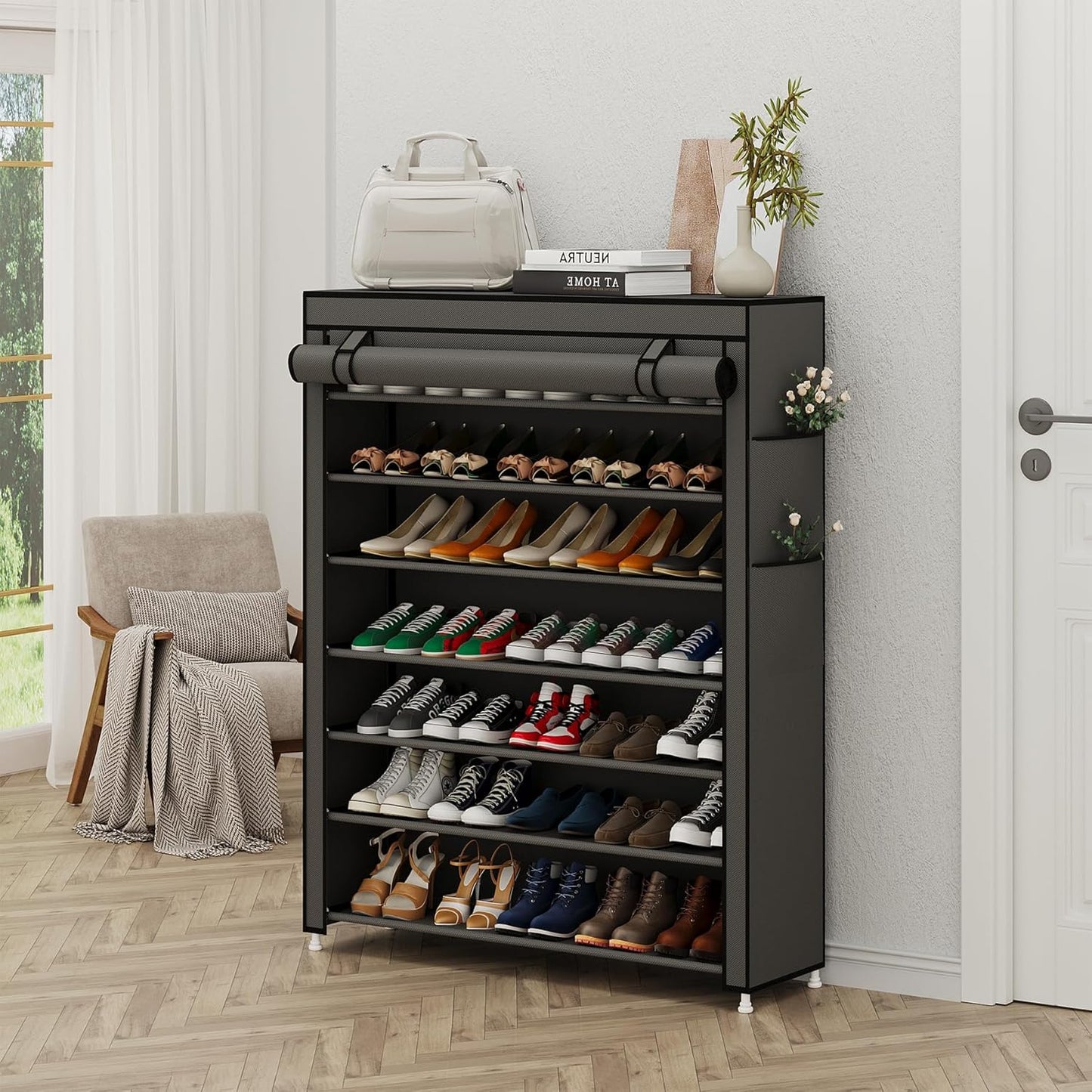 Calmootey 7 Tier Shoe Rack Organizer to Hold 35 Pairs, Portable Shoe Shelf with Nonwoven Fabric Cover for Closet Hallway, Bedroom, Entryway, Grey