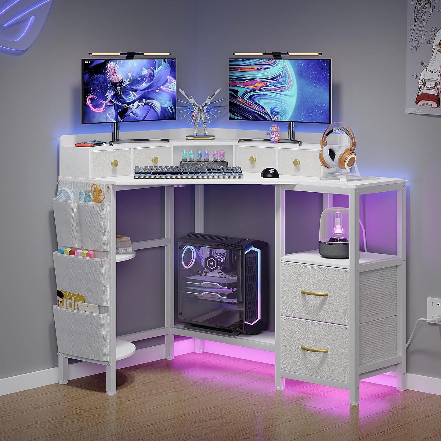 Corner Desk with 6 Drawers Shelves for Small Space Computer Desk with Power Outlets,Gaming Desk with Printer Monitor Stand Storage for Home Office Workstation Writing Table (White, 31.5)