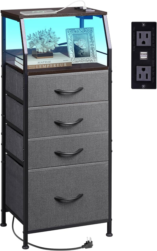 WLIVE Nightstand with Charging Station, Night Stand with LED Light, Tall 4 Drawer Dresser for Bedroom, 37" H Bedside Table with Fabric Storage Bins, Open Wood Shelf, Metal Frame, Dark Grey