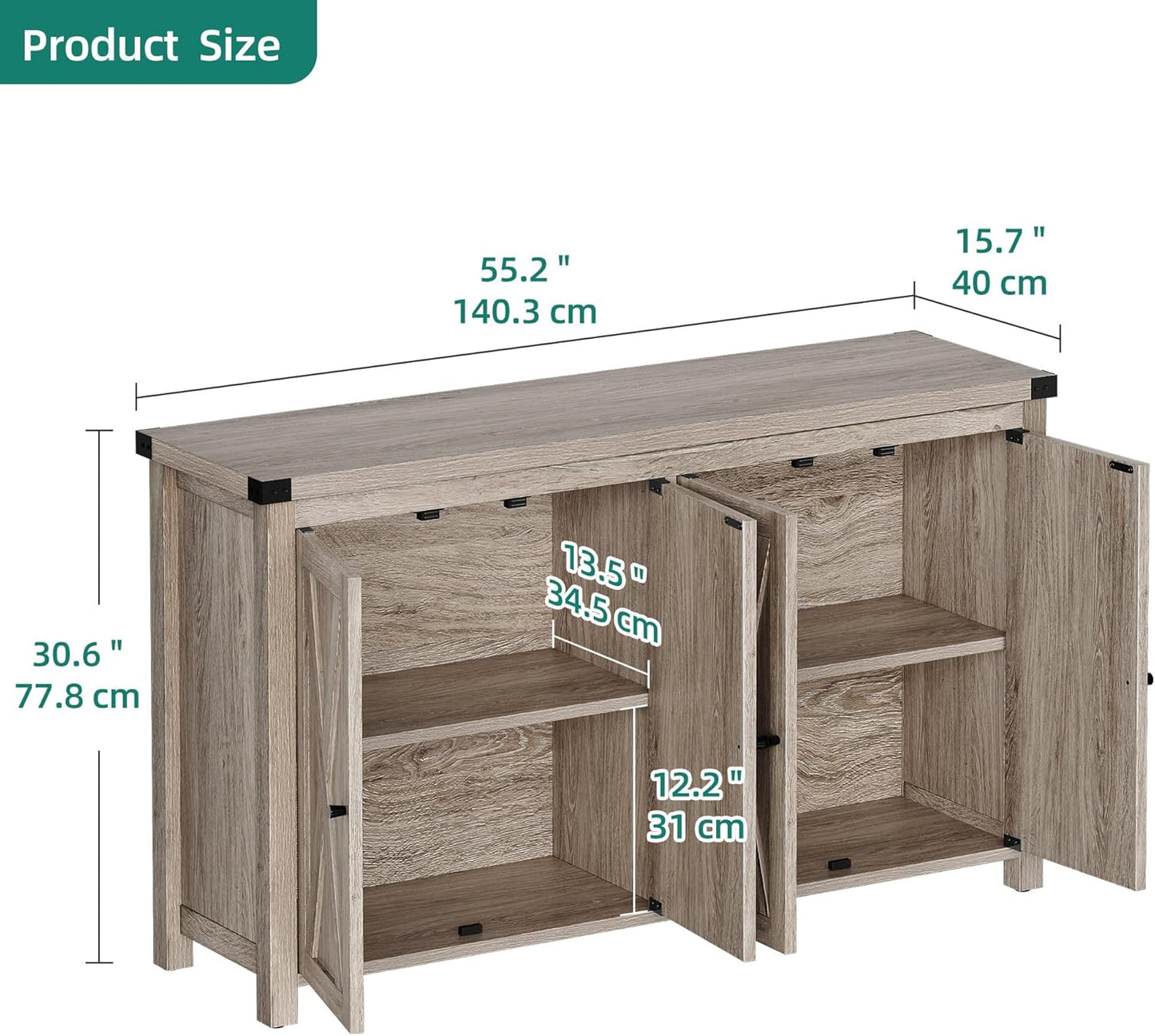 YITAHOME Buffet Cabinet with Storage, 55'' Modern Farmhouse Coffee Bar Cabinet w/4 Doors ＆Adjustable Shelf, Wood Large Kitchen Storage Cabinet with Barn Doors for Kitchen, Living Room, Grey-Brown