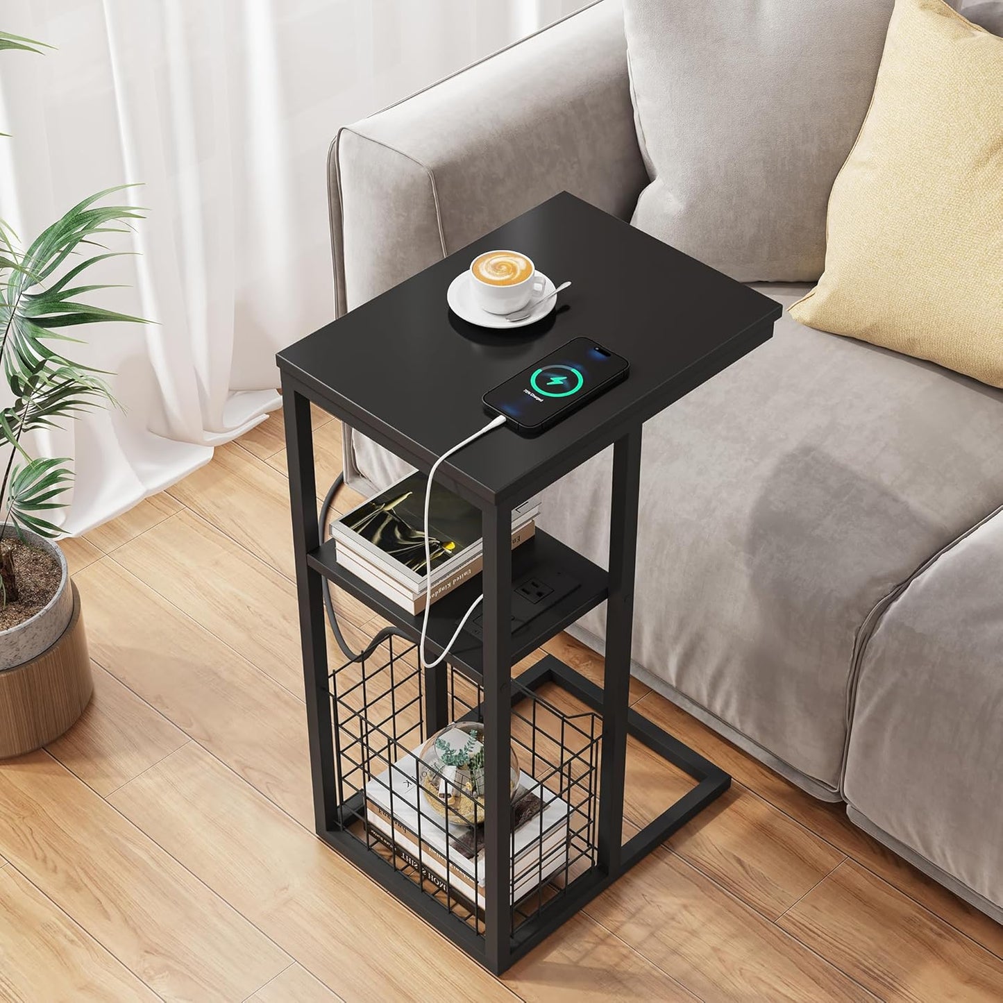 Vagusicc C Shaped End Table with Charging Station, Side Table for Couch, Small Side End Table for Small Spaces, 28" High Slide Under Sofa Table for Coffee, Tv Tray Table for Living Room, Black