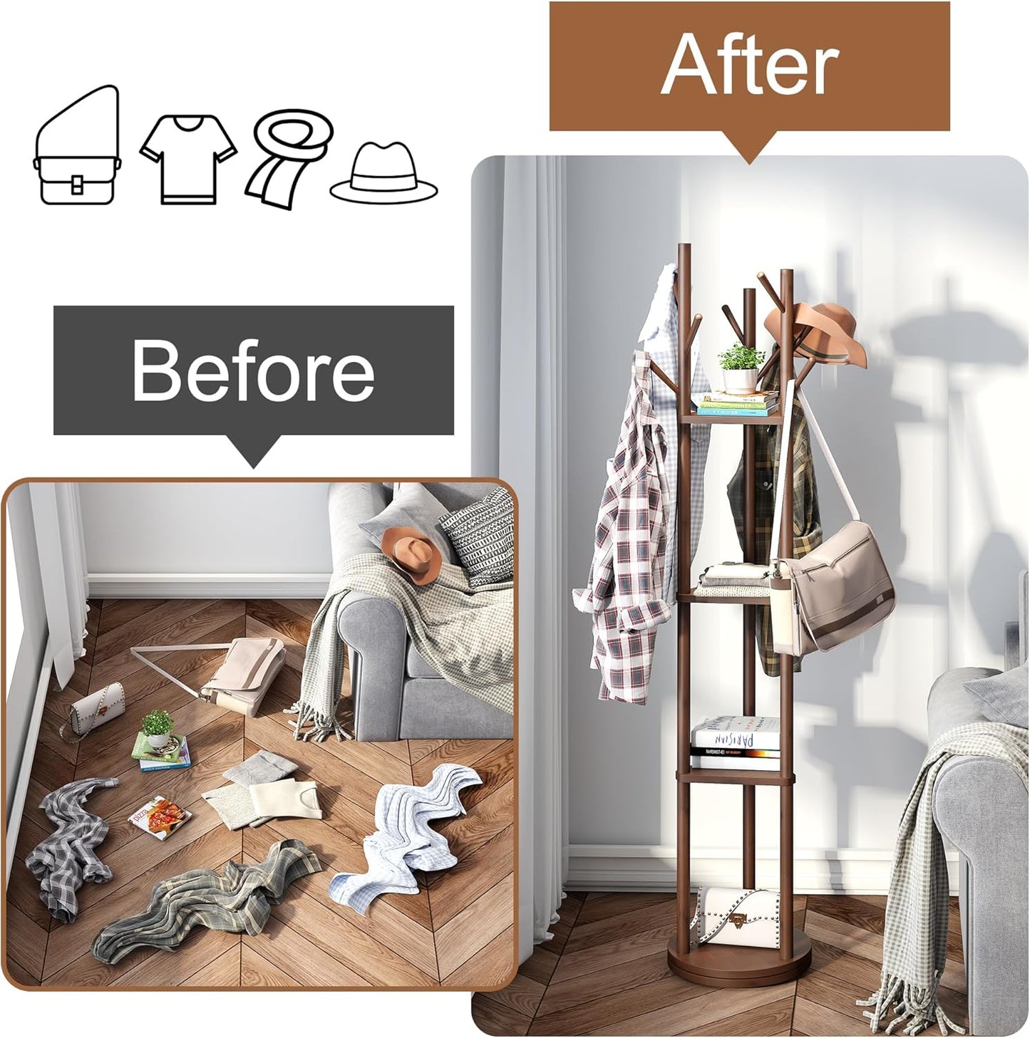 FILWH Bamboo Coat Rack Rotary Freestanding with Shelf Tree Stand for Hallway Entryway Hanger Stand with 9 Hooks 3 Shelves (Brown)