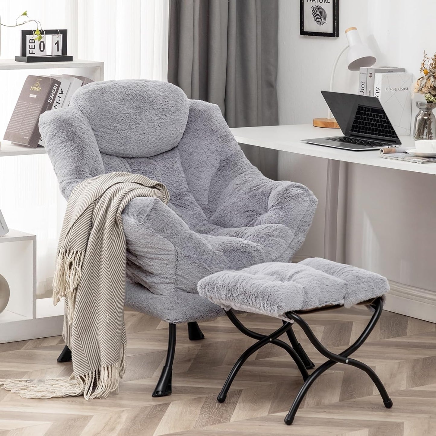Lazy Chair with Ottoman, Modern Accent Lounge Leisure Sofa with Armrests, Reading Chair and Folding Footstool for Living Room, Bedroom, Office, Plush Grey
