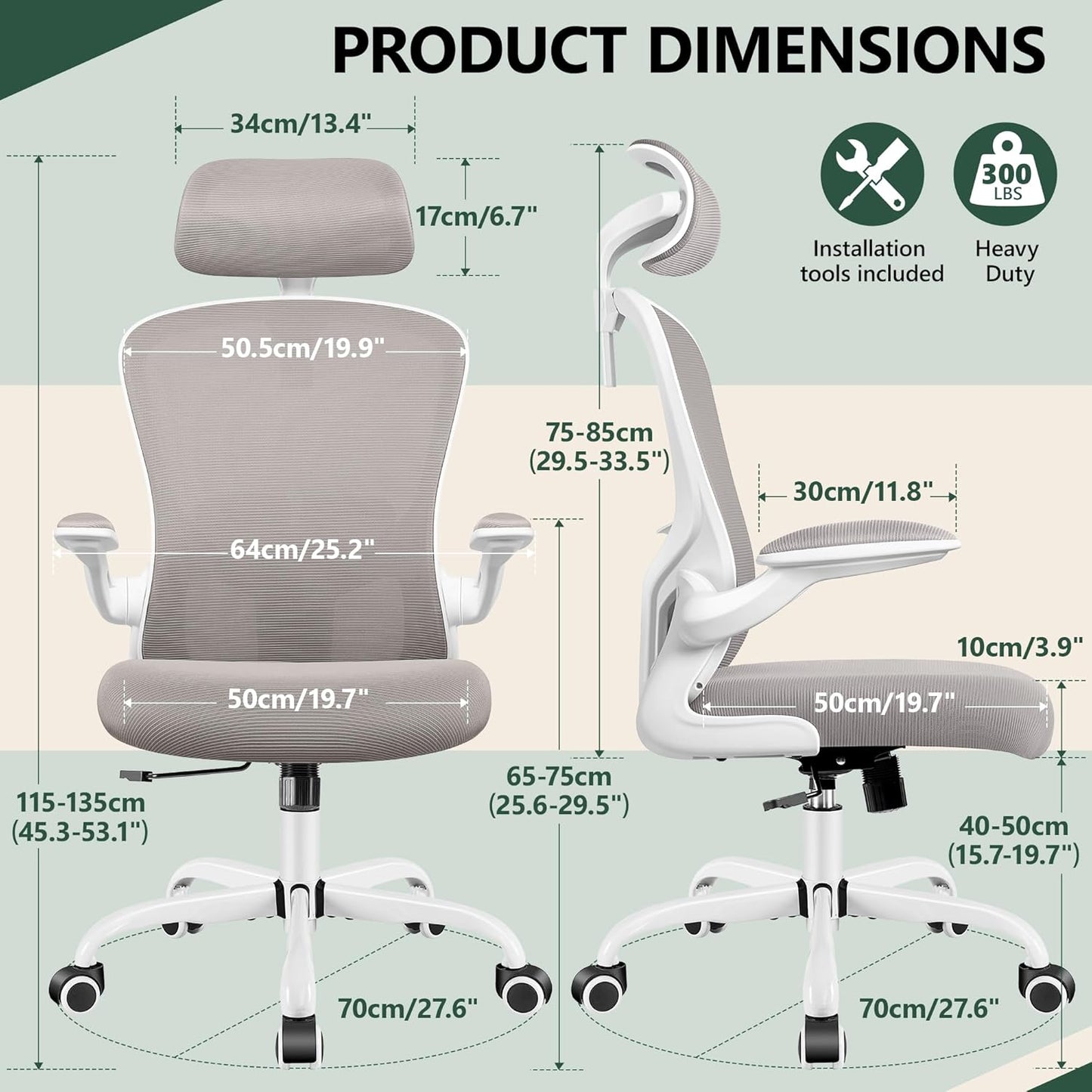 FelixKing Ergonomic Office Chair, Headrest Desk Chair with Adjustable Lumbar Support, Home Office Swivel Task Chair with High Back and Armrest, Adjustable Height Gaming Chair (Gray)