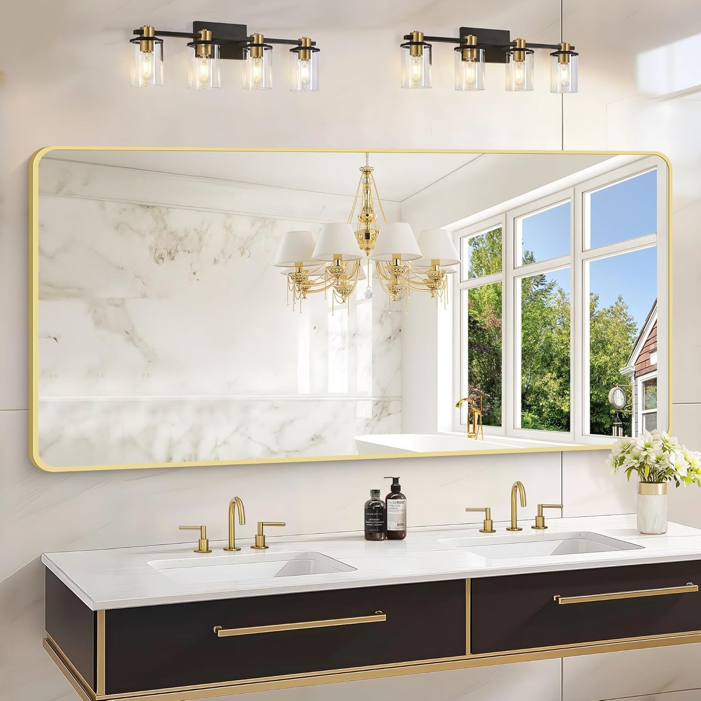30"x60" Gold Bathroom Mirror, Large Rectangle Mirror, Rectangular Wall Mirror, Rounded Corner Vanity Mirror with Aluminum Metal Frame for Bathroom Bedroom Living Room