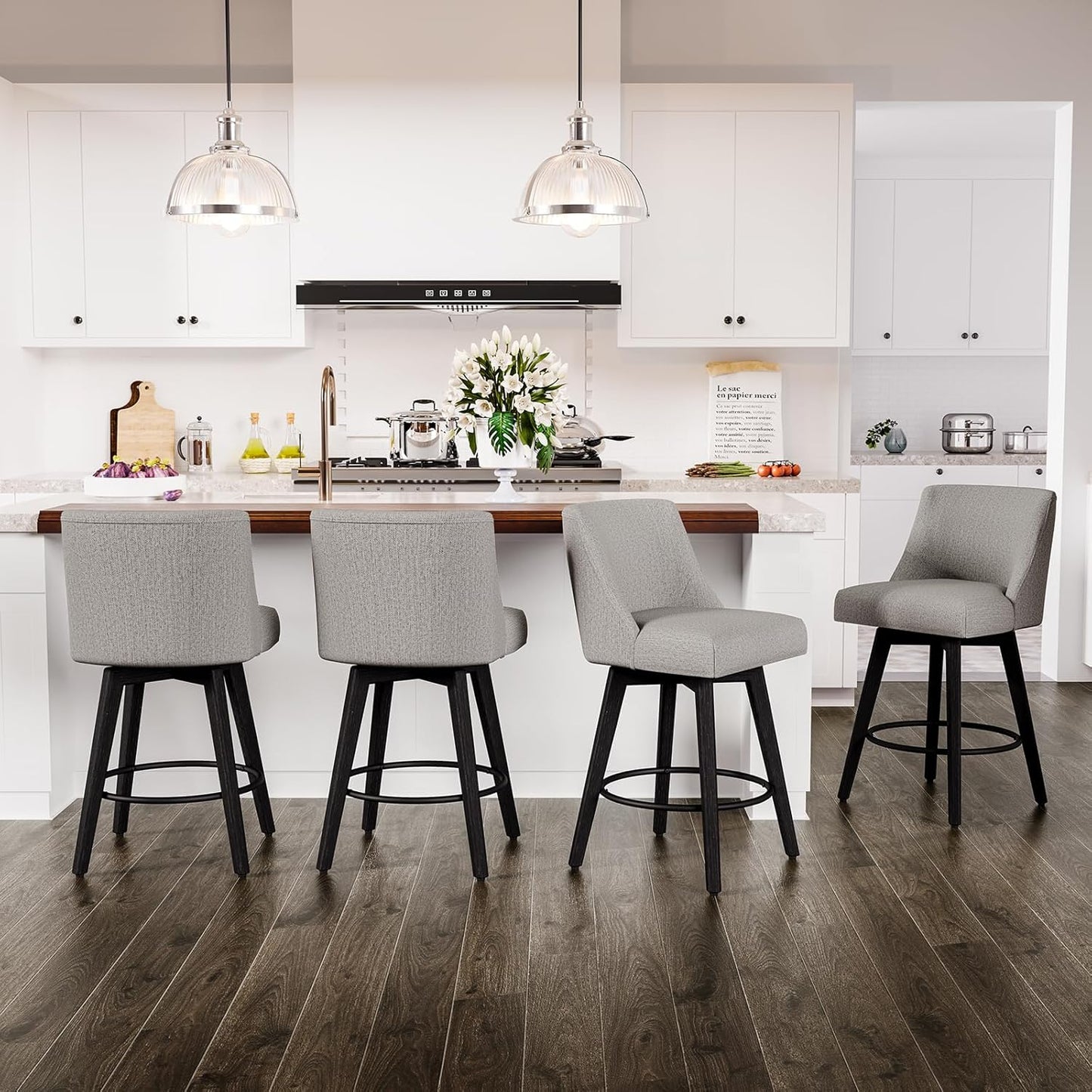 Counter Height Swivel Bar Stools Set of 4, 26 Inch Bar Stools with Footrest, Linen Fabric Upholstered Barstools with Back and Solid Wood Legs for Kitchen Island, Dining Room,Pub,Light Grey