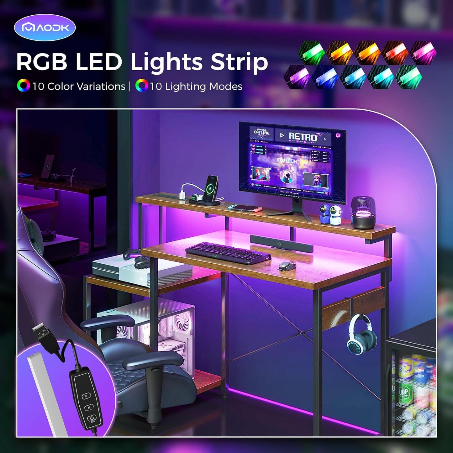 AODK Computer Desk, 48 Inch Gaming Desk with Led Lights & Power Outlet, Office Desk with Storage Shelves, Reversible Desk with Monitor Shelf & Headphone Hook, Rustic Brown