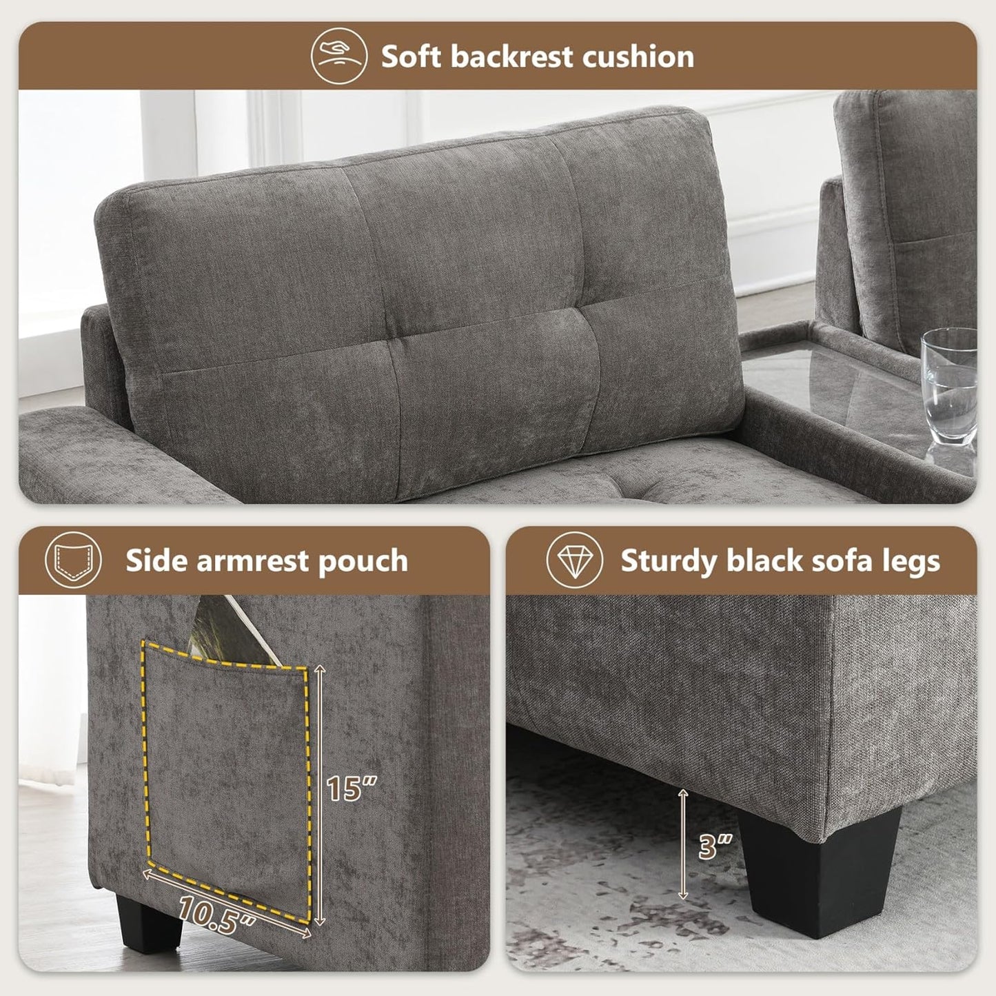 Merax 104 * 104" Chenille Sectional Couches with 2 Acrylic Consoles, Upholstered Modular Tufted Sofa Chaise with Ottoman, Storage Drawers, Pockets, USB Charger & Cup Holders for Living Room Apartment