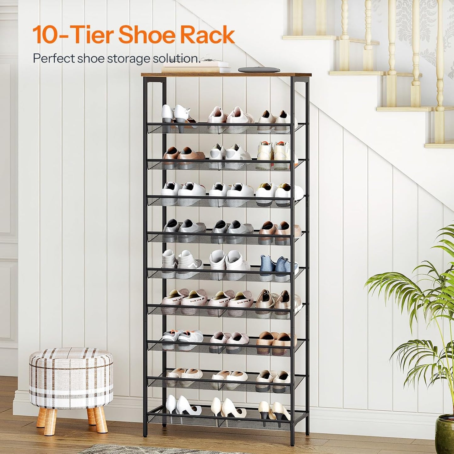 HOOBRO 10-Tier Shoe Rack, 29.5"L Shoe Shelf, Large Capacity Shoe Storage Organizer for 27+ Pairs of Shoes, Front Door Entrance, Entryway, Hallway, Closet, Space Saver, Rustic Brown and Black BF110XJ01