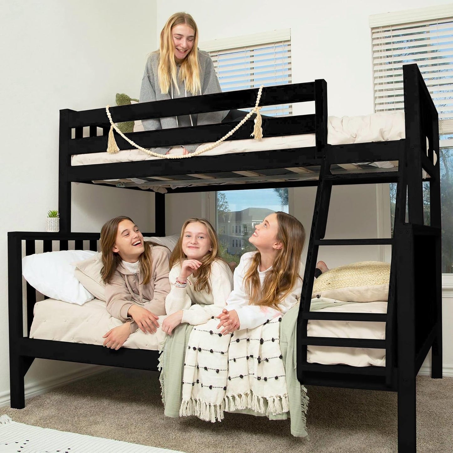 Max & Lily Bunk Bed, Scandinavian Modern Bunk Bed, Solid Wood Twin Over Full Bed Frame for Kids, No Box Spring Needed, Black
