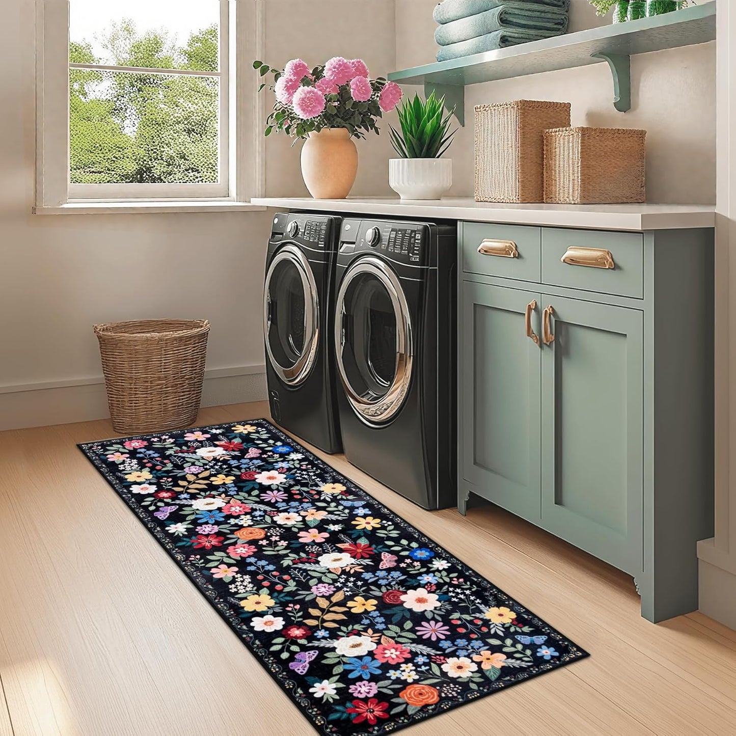 Runner Rug for Entryway: 2x10 Kitchen Rugs Non Slip Washable Ultra-Thin Soft Floral Carpet Indoor Floor Stain Resistant Carpets for Hallway Bedroom Kitchen Laundry Bathroom Dorm Black