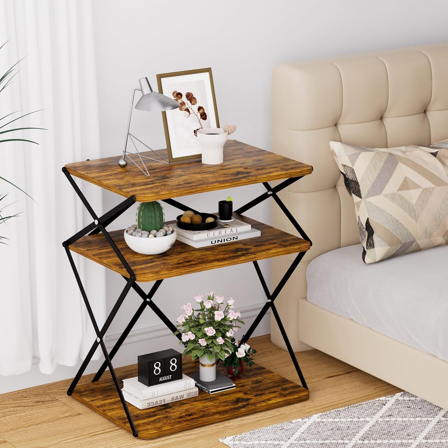3-Tier End Table Set of 2 Small Side Table Tall Bedside Night Stand with Storage Sofa Side desks for Living Room Bedroom Office Bathroom Small Space Rustic Brown ET-04RB-2