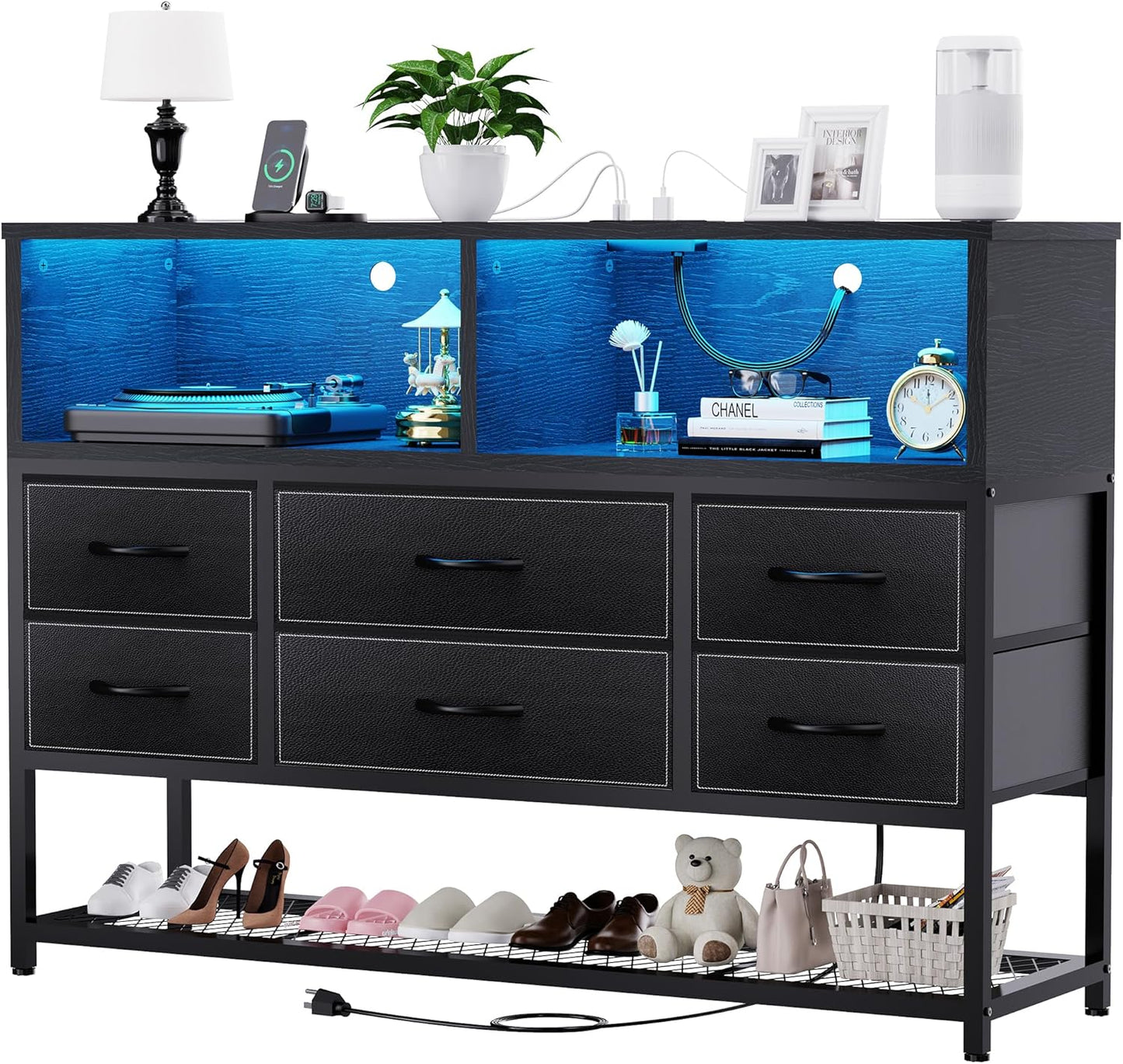 Black Dresser for Bedroom, 6 Drawers Led Dresser TV Stand with Power Outlets and LED Lights, Long Fabric Dressers Wide Chest of Drawers with Large Organizer Shoe Rack for Living Room, Entryway
