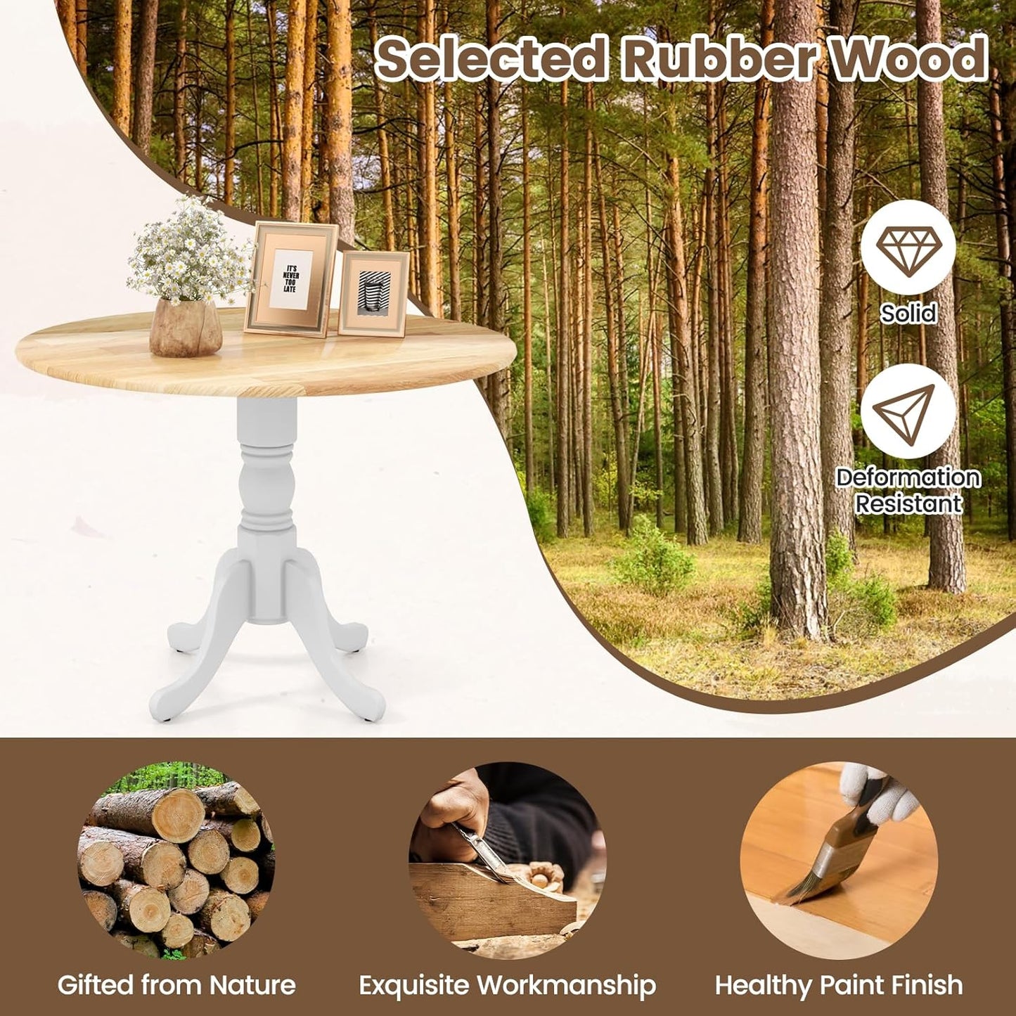 COSTWAY Round Dining Table for 4, 39-inch Wooden Kitchen Table With Solid Rubber Wood Frame, Curved Trestle Legs, Adjustable Foot Pads, Mid Century Rustic Dinning Table for Living Room (Natural+White)