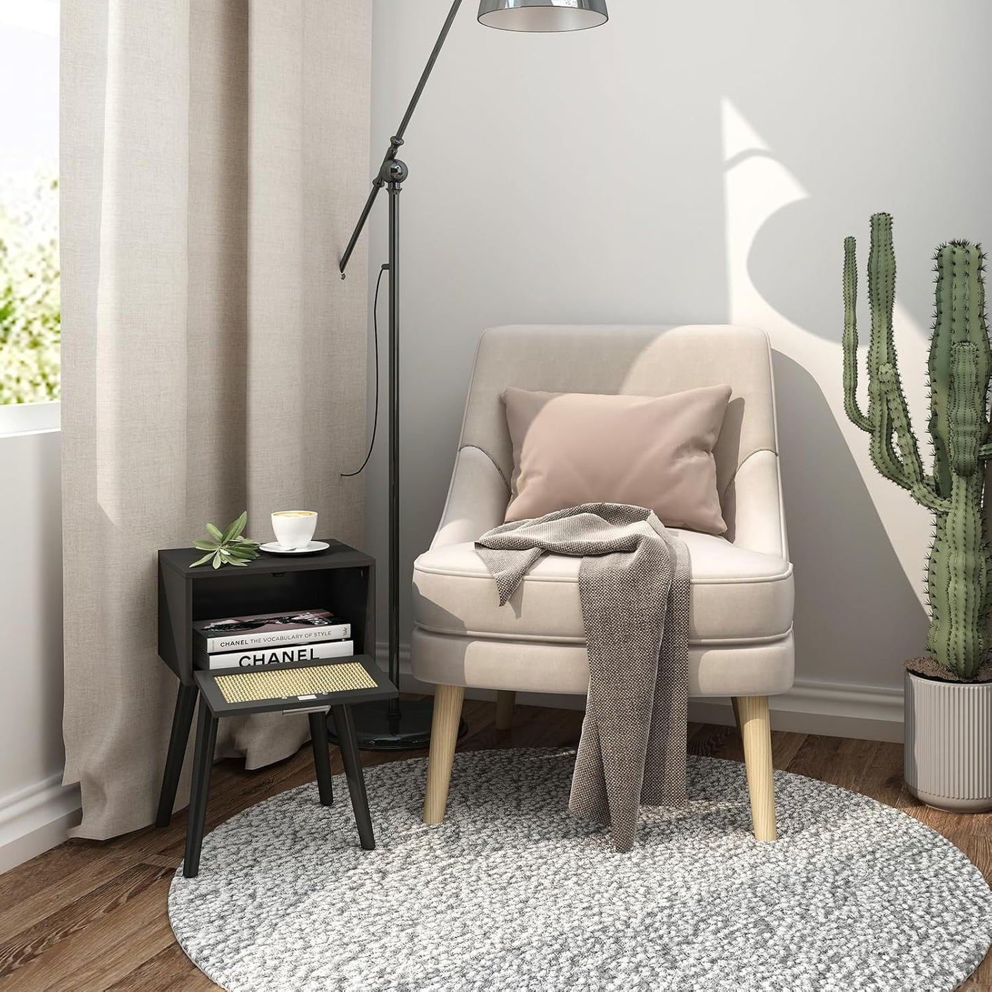 LAATOOREE Nightstand Set of 2, Small End Table with Rattan Door, Bedside Table with Solid Wood Feet, Boho Side Table for Bedroom Living Room Small Space - Black