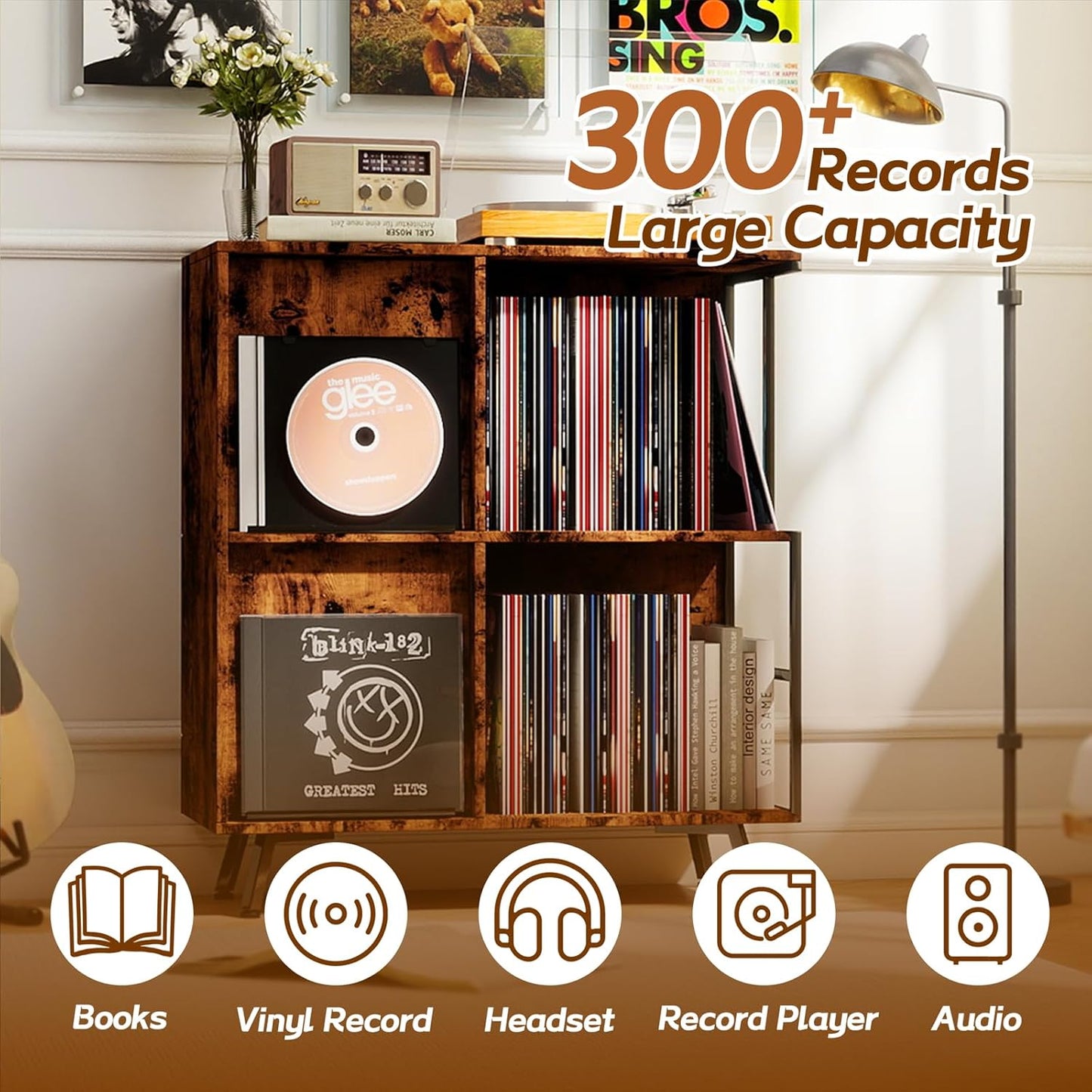 3 Tier Record Player Stand, Flip Top Record Player Cabinet, Mid Century Record Player Table with Shelves Holds up to 300+ Albums, Vinyl Record Storage with 4 U-Dividers for Living Room Bedroom, Brown