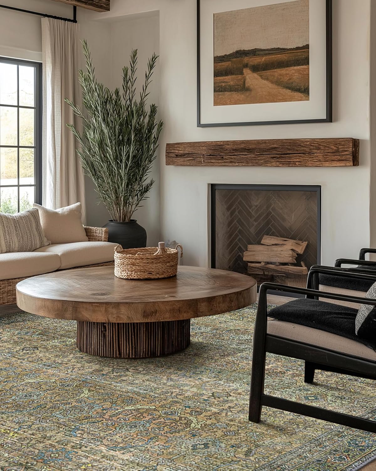 6X9 Area Rugs Machine Washable Rugs for Living Room, Vintage Boho Large Rugs for Bedroom Dining Room, Non Slip Indoor Soft Distressed Lightweight Thin Low Pile Carpet, Vintage Sunset