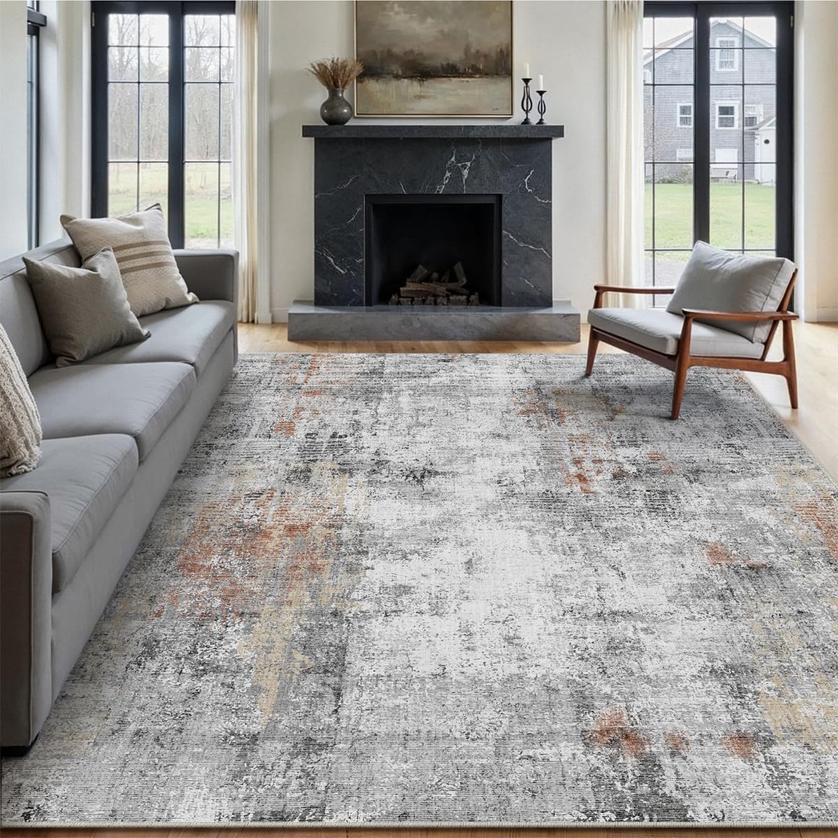9x12 Washable Area Rug Grey Rust Modern Neutral Abstract Living Room Bedroom Indoor Floor Carpet Low Pile Soft Non-Slip Lightweight Vacuumable Large Throw Rug for Kitchen Dining Room