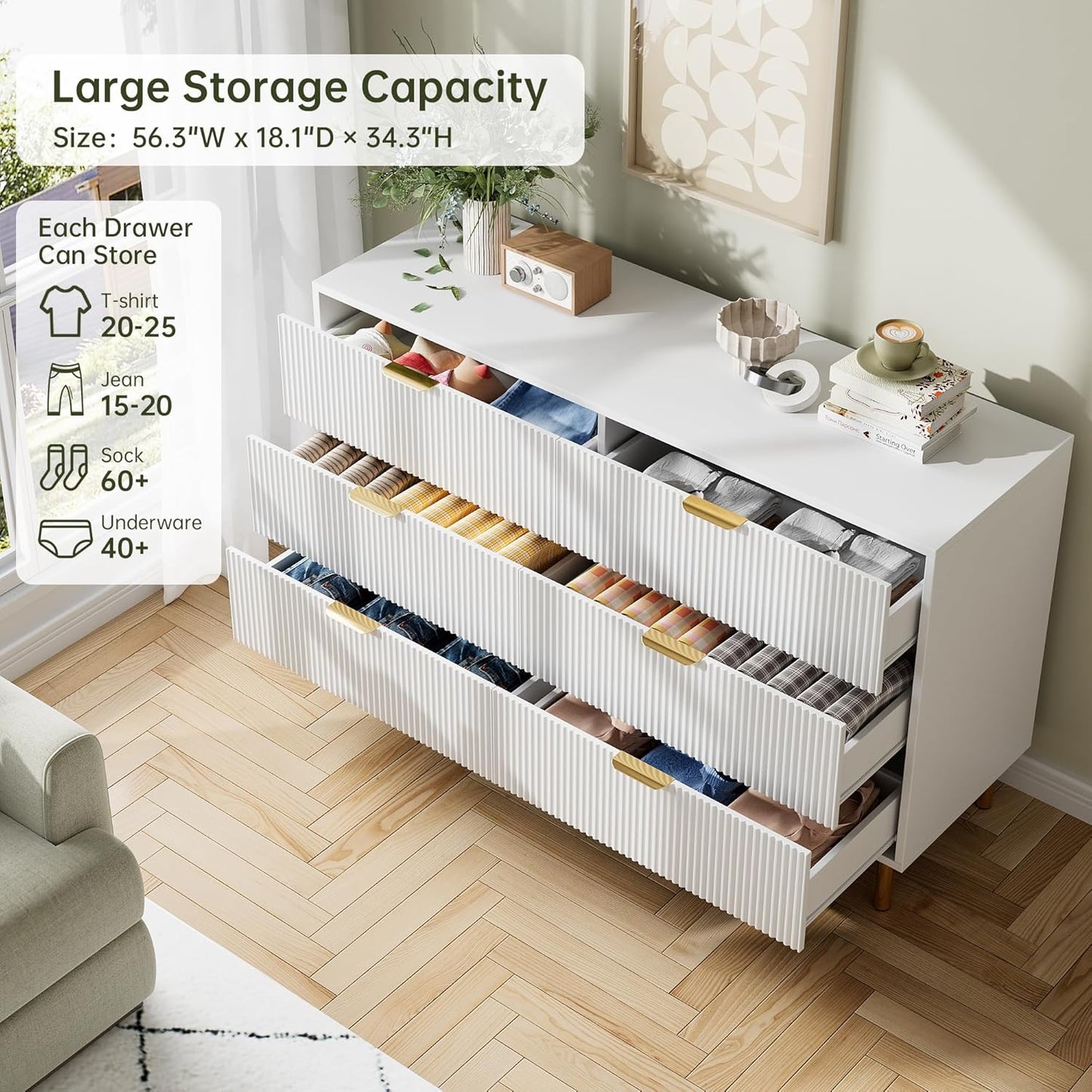 GarveeHome White Dresser, Modern 6 Drawer Dresser for Bedroom with Gold Handle and Large Drawer, Wood Double Chest of Drawers and Storage Organizer for Living Room, Hallway, Entryway