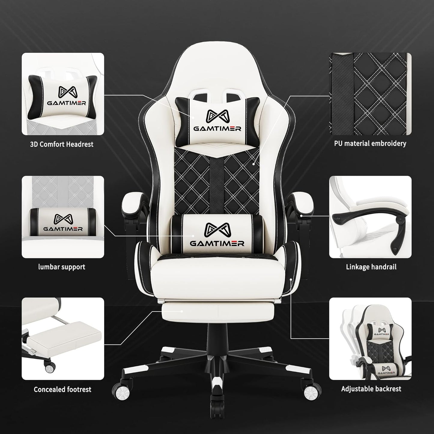 Gaming Chair, 400 lbs Adult Chair, High Back Computer Chair with Footrest and Linked Armrests, Office Video Game Chair with Lumbar Support(White)