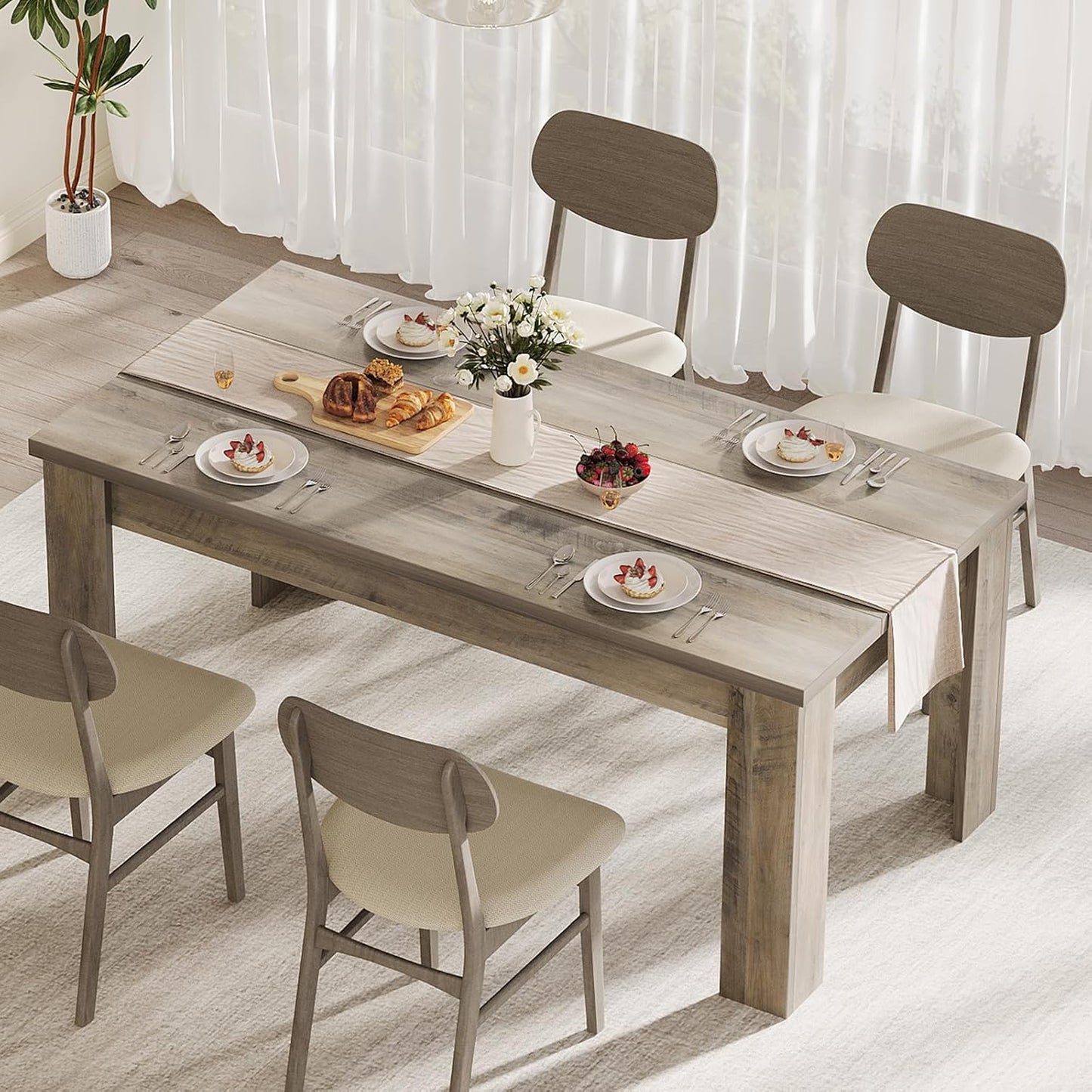 Dining Table for 4-6, 63" Wood Farmhouse Large Kitchen Table with Strong 4 Triangle Legs, Rectangular Dining Room Dinner Table with Sturdy Extra Support for Kitchen, Apartment, Retro Gray