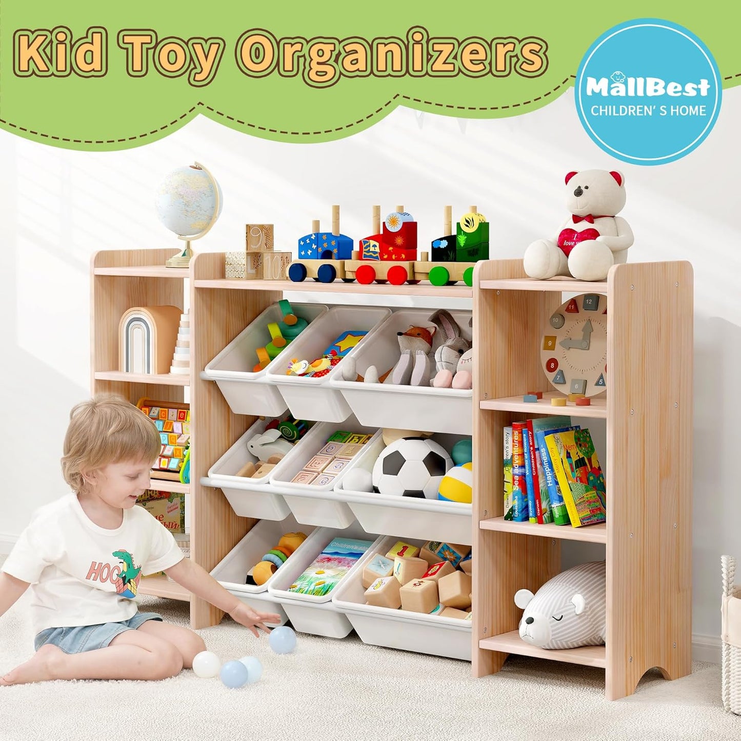 MallBest 4-Tier Kids' Toy Storage Organizer Shelf - 100% Solid Wood,Extra Wide Children's Storage Cabinet with 9 Plastic Bins and 6 Storage Ports