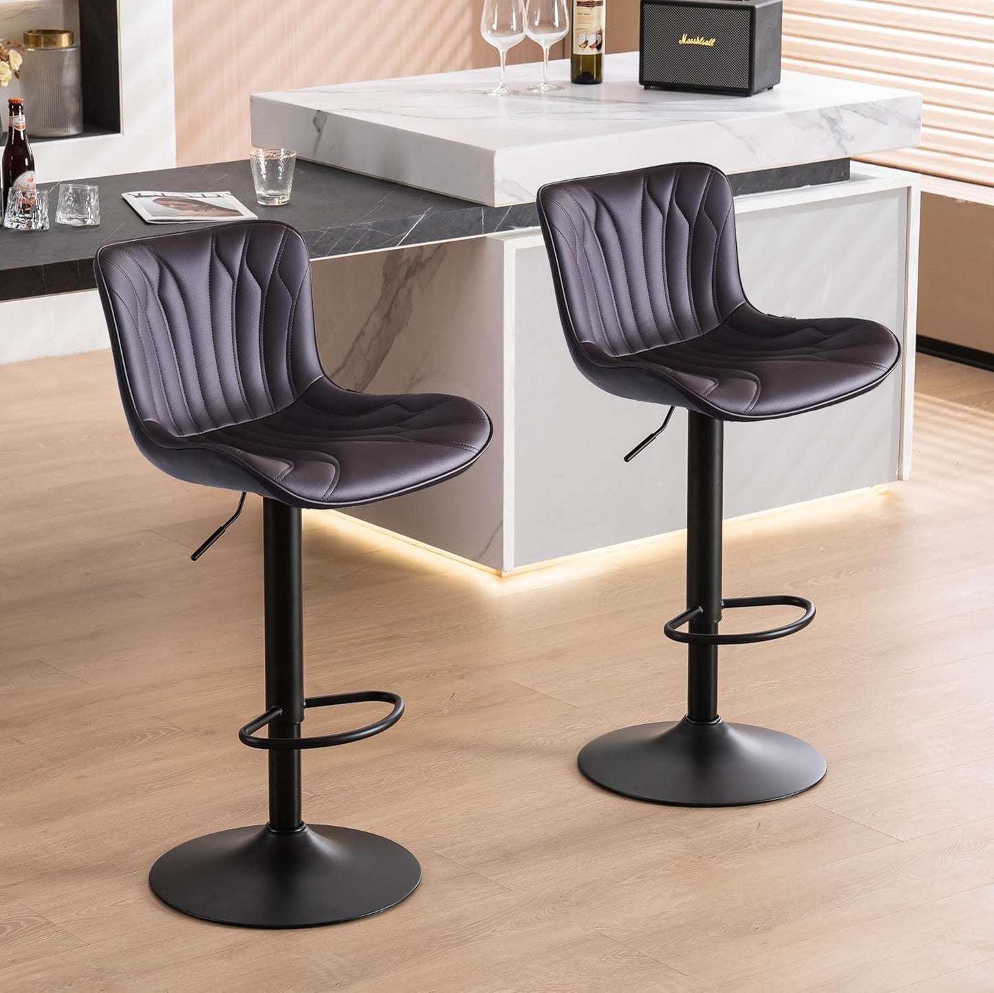 YOUNIKE Brown Bar Stools Set of 2 Modern Swivel Counter Height Bar Chair with High Back Adjustable Kitchen Faux Leather Padded Barstools Tall Breakfast Island Chairs Upholstered
