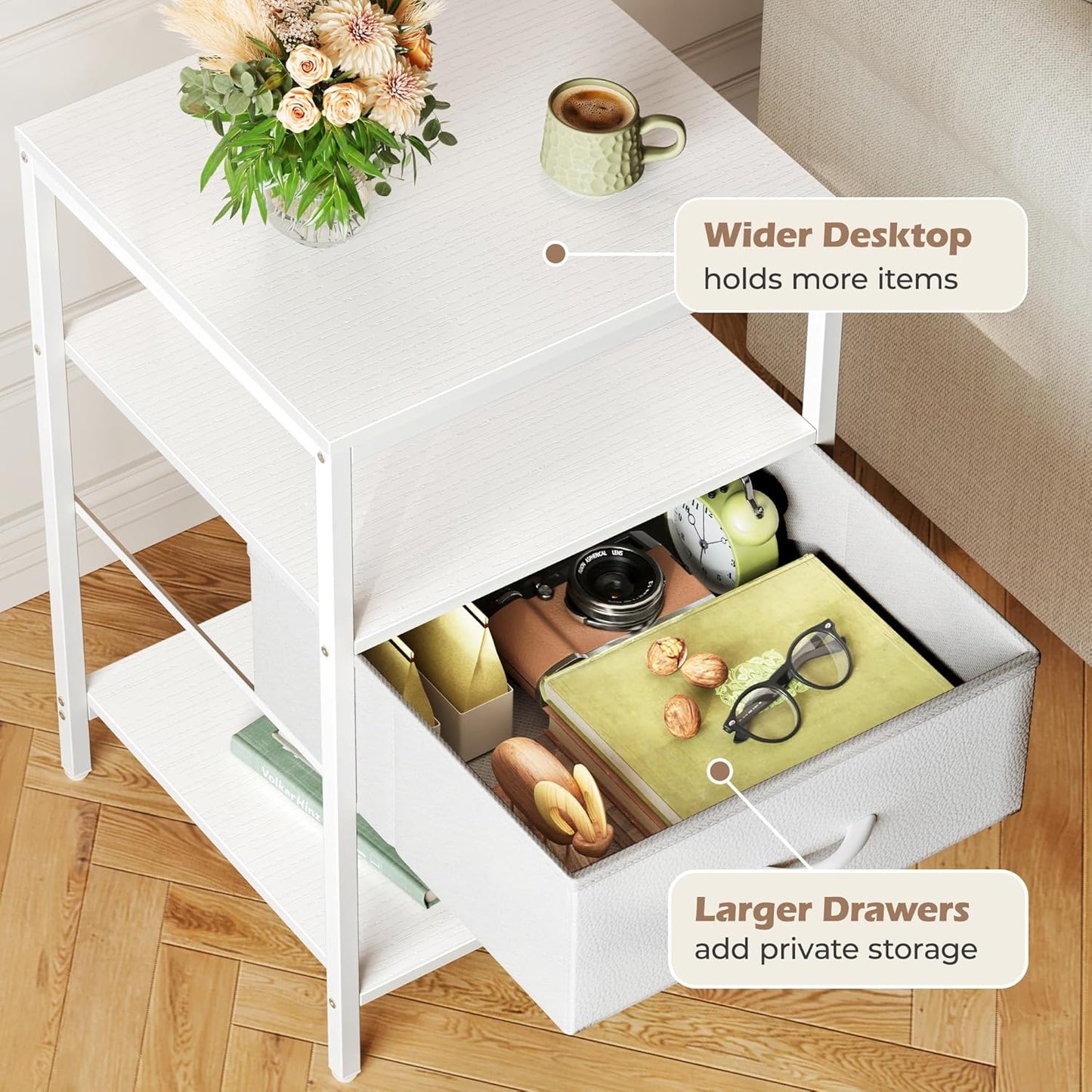 SUPERJARE Nightstand with Charging Station, White Night Stand with Adjustable Drawers, 17.7 Inches Wider Side Table for Bedroom, 3-Tier Storage End Table with Open Shelf, PU Leather Surface