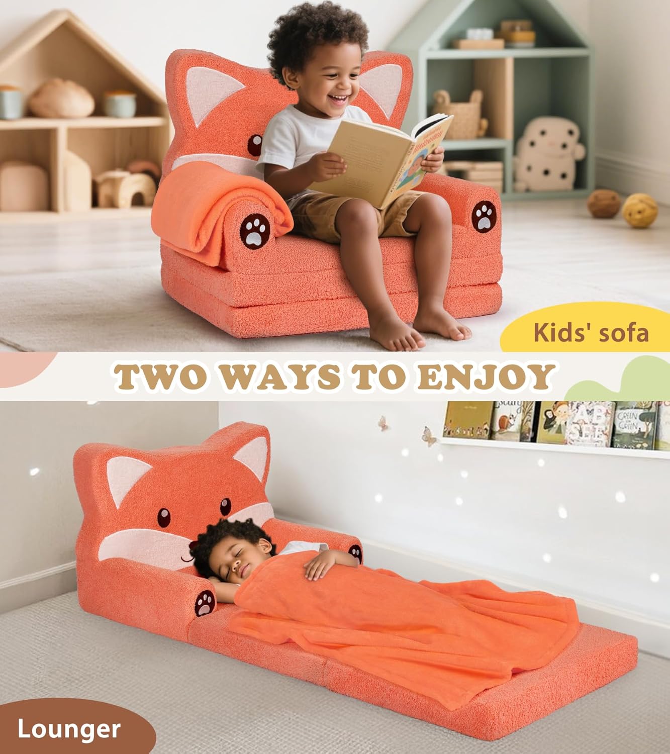Kids Couch, 2-in-1 Soft Toddler Couch Fold Out with Blanket, Chair Comfy, Foldable Convertible Plush Sofa to Lounger, Gifts for Kids Girl Boys, Fox