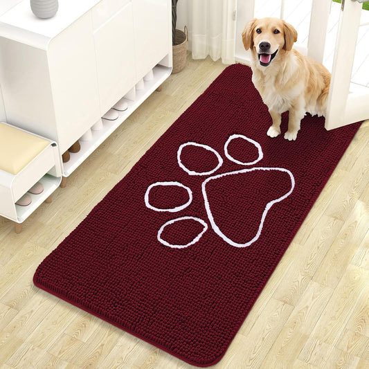 OLANLY Door Mat for Muddy Dog Paws 47x24, Ultra Absorbent Chenille Mud Doormat with Paw Print Design, Non-Slip Washable Doormat for Indoor Entryway, Quick-Dry Pet Bed Mats for Dirty Dogs, Burgundy