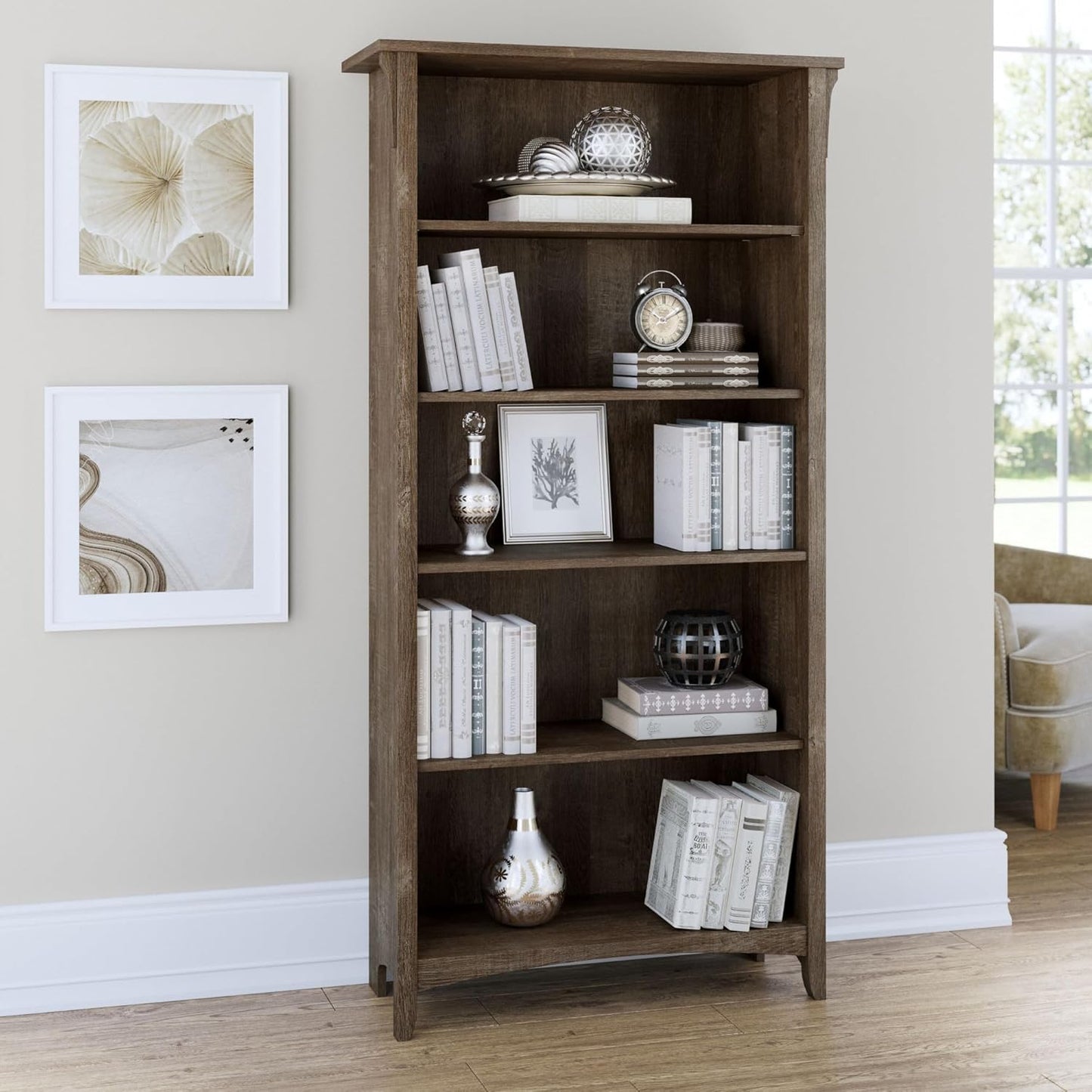 Bush Furniture Salinas 5 Shelf Bookcase in Ash Brown, Tall Bookshelf, Large Book Shelf for Living Room, Home Office, or Entryway