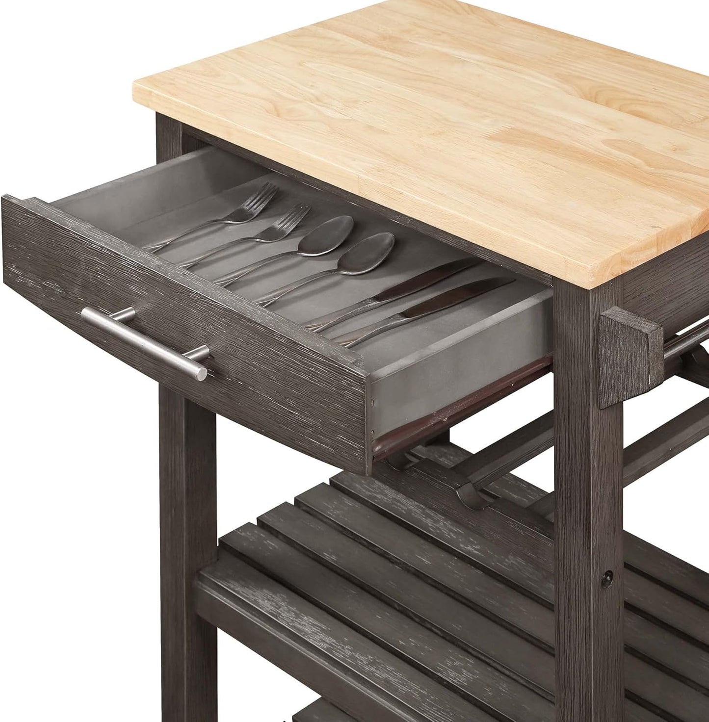 Convenience Concepts Ellaine 4 Tier Kitchen Cart with Drawer and Wine Rack, 24.75 x 16.5 x 34.5, Wirebrush Dark Gray/Butcher Block