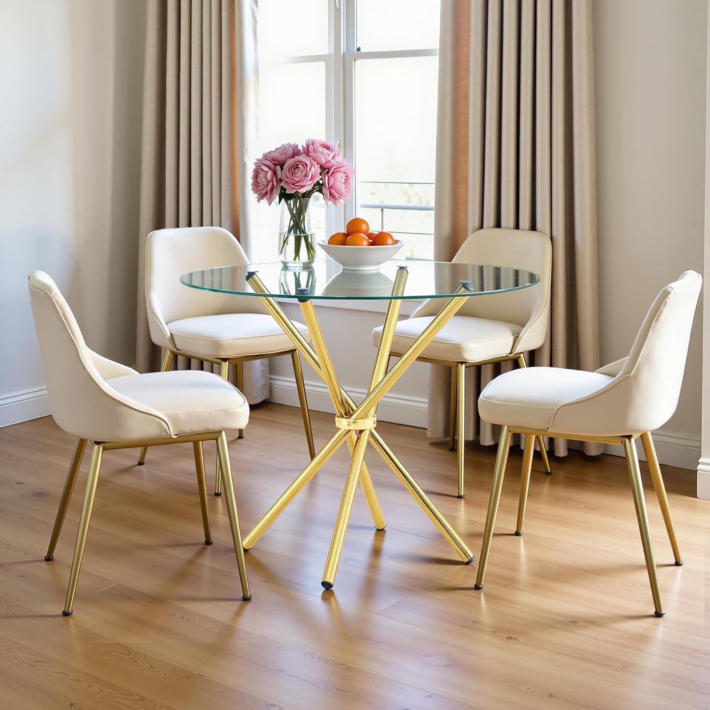 Kitchen Table for 2 Modern 36.6" Round Glass Table Small Tables with Trestle Metal Leg for Living Room and Apartment, Gold