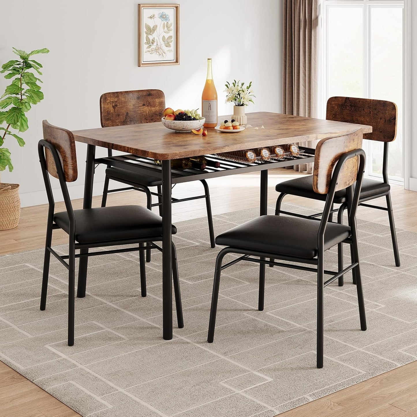GAOMON 5-Piece Dining Table Set for 4, Wood Kitchen with Built-in Storage Rack,Small Kitchen Table with Upholstered Chairs and Metal Frame for Small Spaces, Retro Color