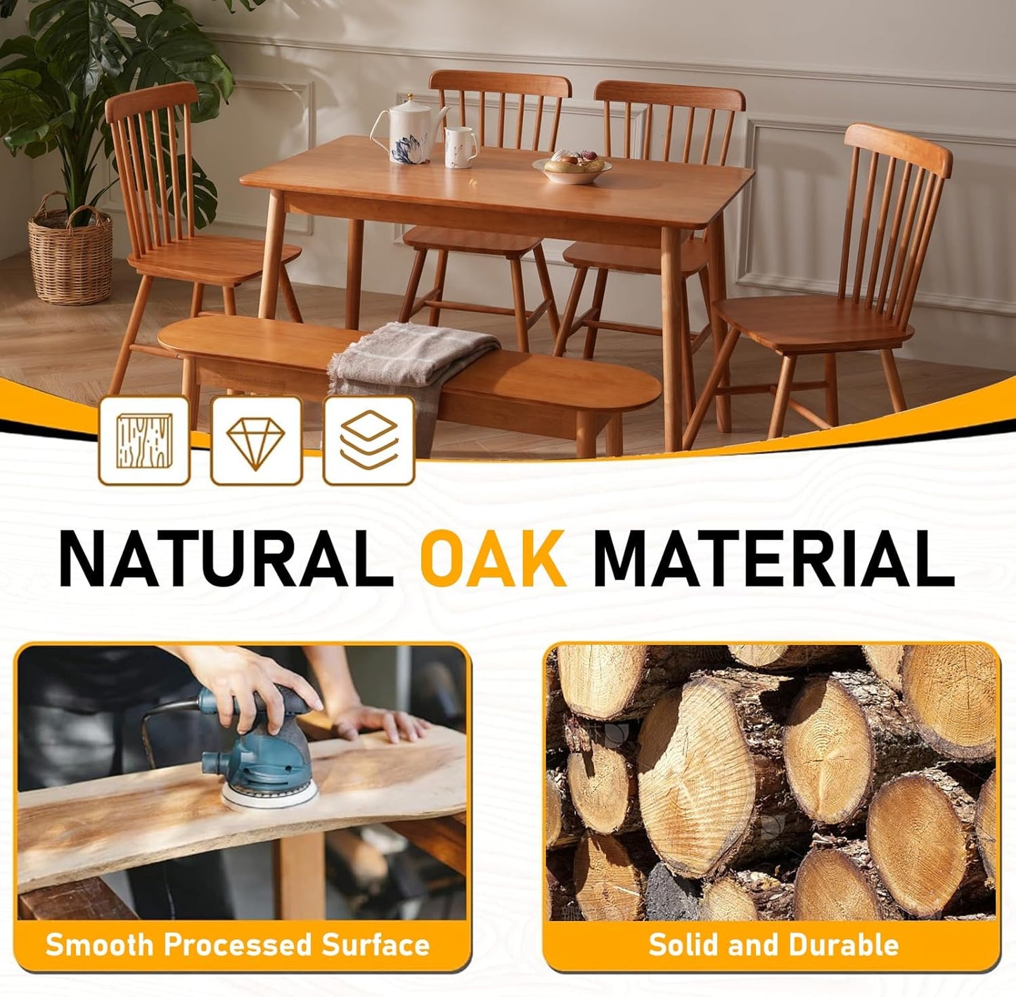 BAKEVE Dining Table for 4-6 Person- 47.2'' Solid Wood Kitchen Table, Mid Century Modern Desk, Farmhouse Rectangular Dining Room Table for Living Room, Office, Kitchen and Study (Cherry)