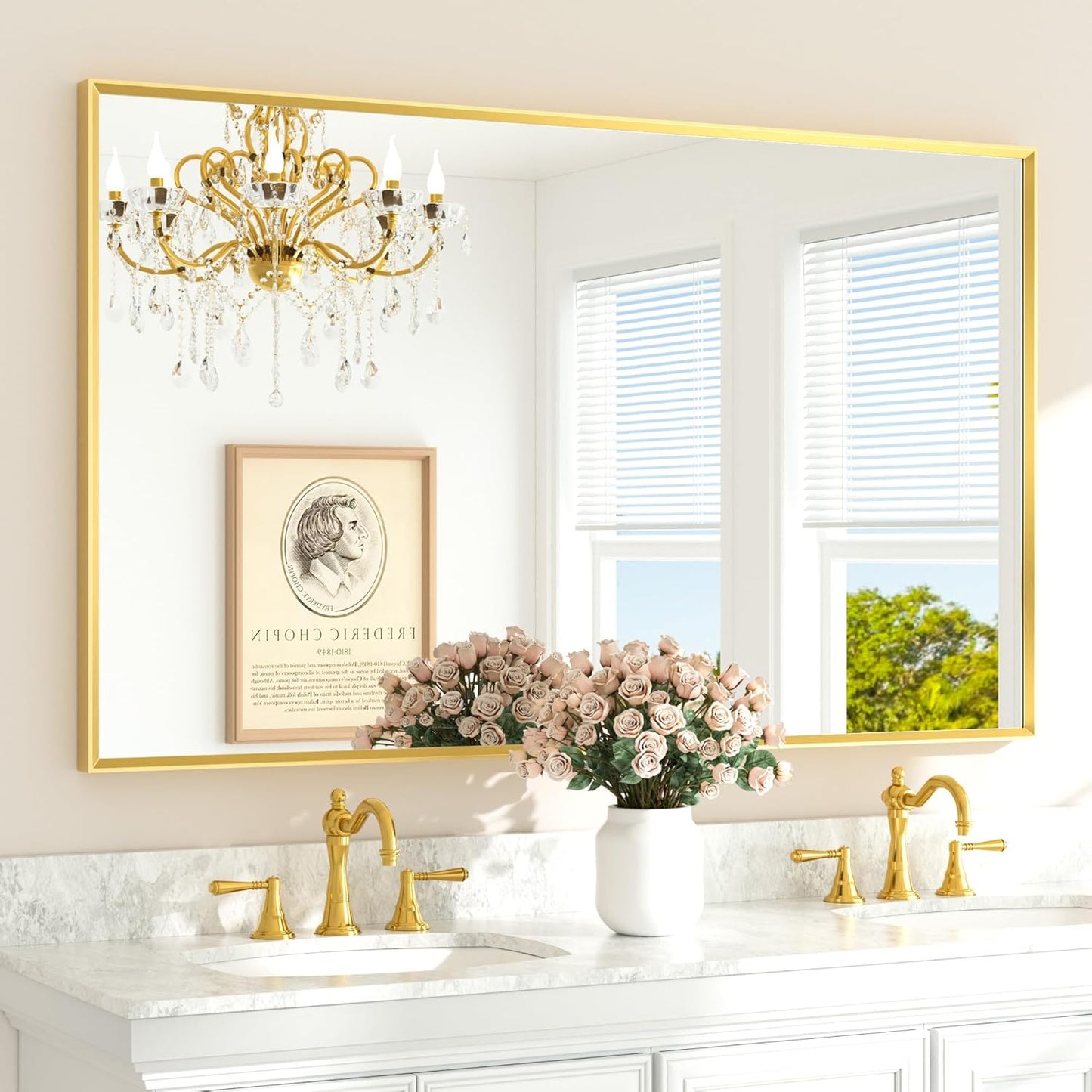 TETOTE Brushed Gold Mirror Beveled Frame 60" x 36" Large Brass Gold Rectangle Bathroom Vanity Wall Mirror for Over Sink, Modern Farmhouse, Tempered Glass, Shatterproof, Stronger Frame