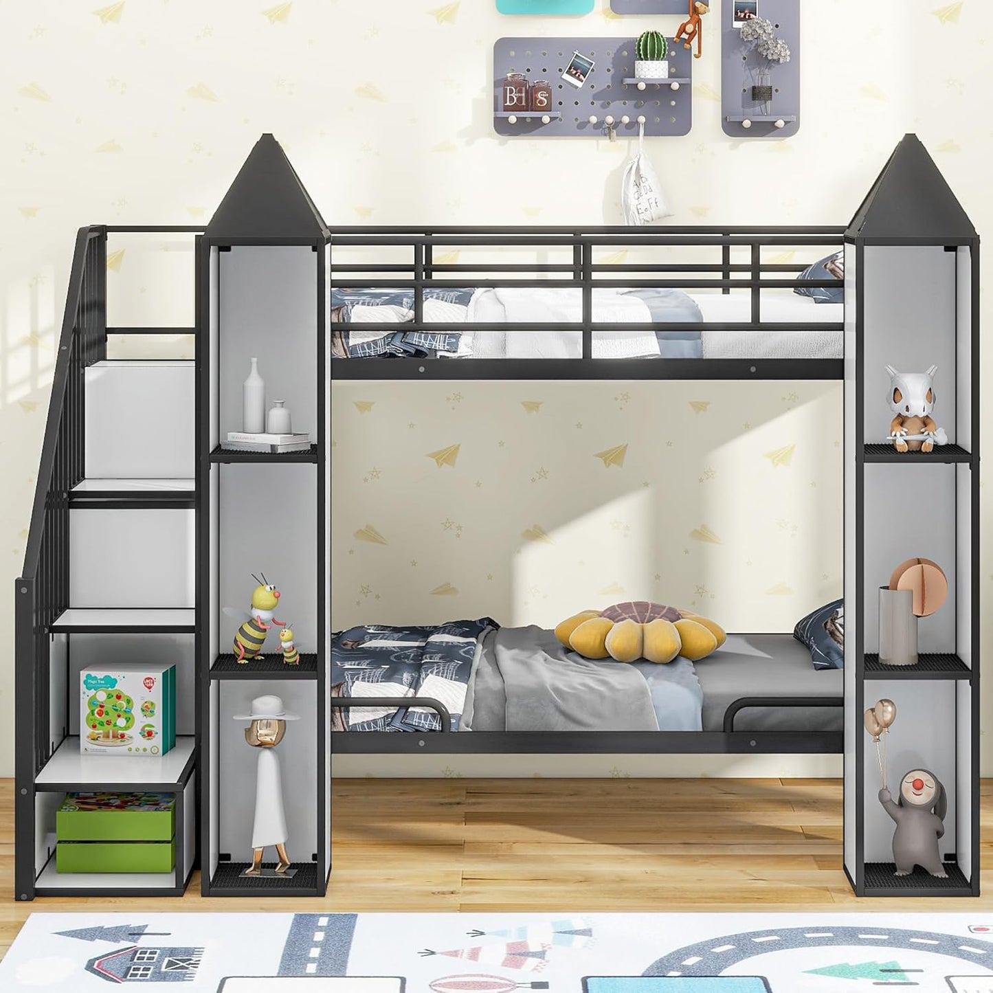Twin Over Twin Castle-Shaped Bunk Bed with Wardrobe,Open Storage cabinets,a Storage Staircase and guardrails,Metal Stairway BunkBed for Kids Boys/Girls/Teens,Black+White