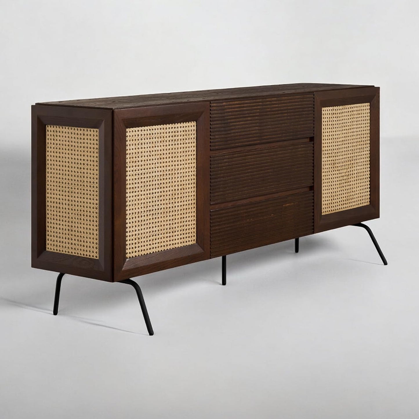 NTC MOSSIC Sideboard with 2 Doors and 3 Drawers, Buffet Cabinet with Natural Rattan and Metal Legs, Modern Storage Cabinet for Living Room, and Hallway, Effortless Assembly - Dark Walnut