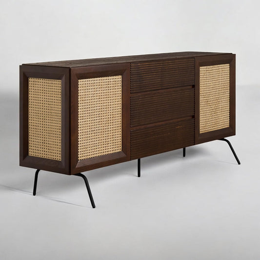 NTC MOSSIC Sideboard with 2 Doors and 3 Drawers, Buffet Cabinet with Natural Rattan and Metal Legs, Modern Storage Cabinet for Living Room, and Hallway, Effortless Assembly - Dark Walnut