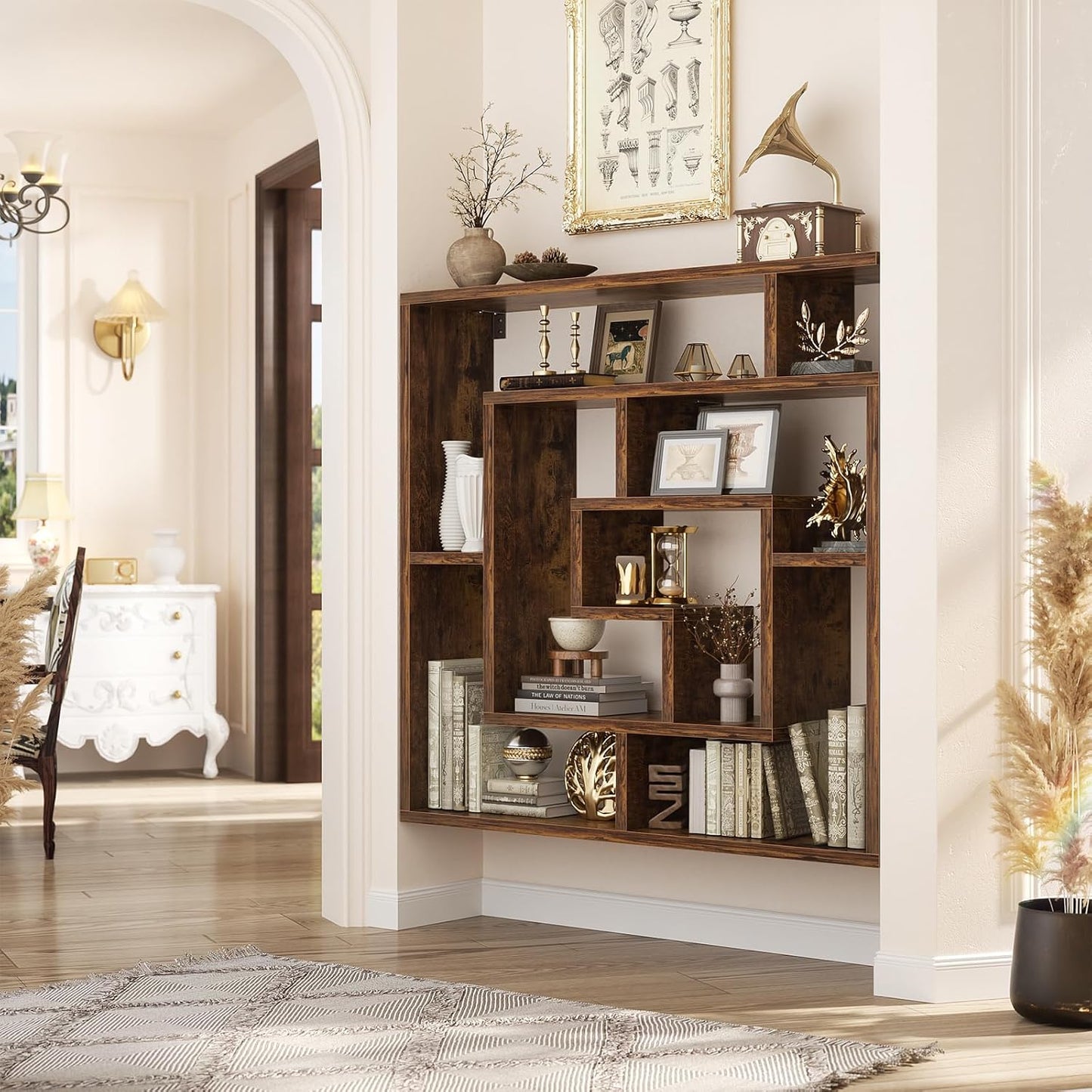 armocity 6 Tier Display Book Shelf Wall Mounted Bookshelf Freestanding Geometric Bookcase Floating Book Shelves for Wall Bedroom Living Room Home Office, 45.5"(W) * 47"(H), Rustic Brown