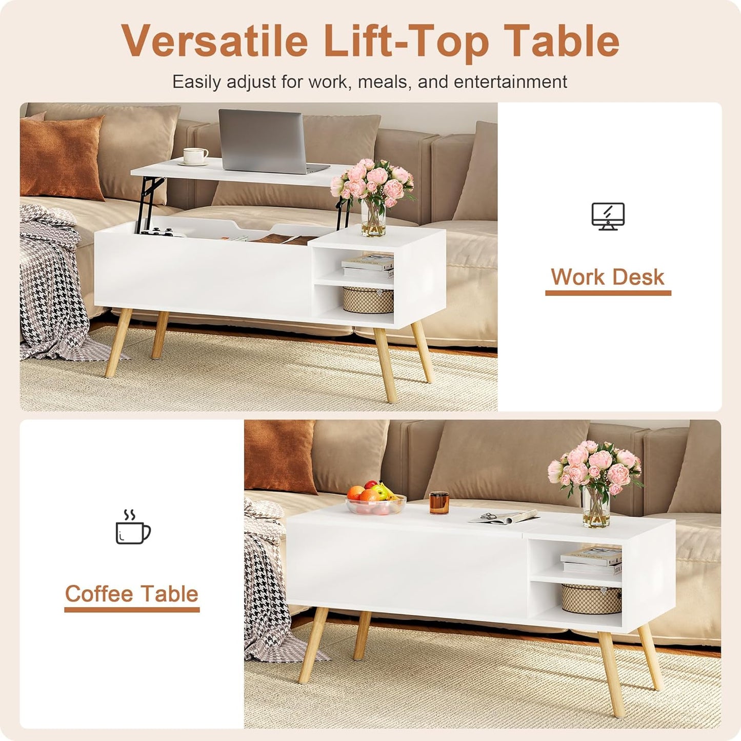 ALINE FURNITURE White Coffee Table Lift Top - Coffee Table with Solid Wood Legs, Hidden Storage Compartment & Open Shelves - 40" Lift Up Coffee Tables for Living Room