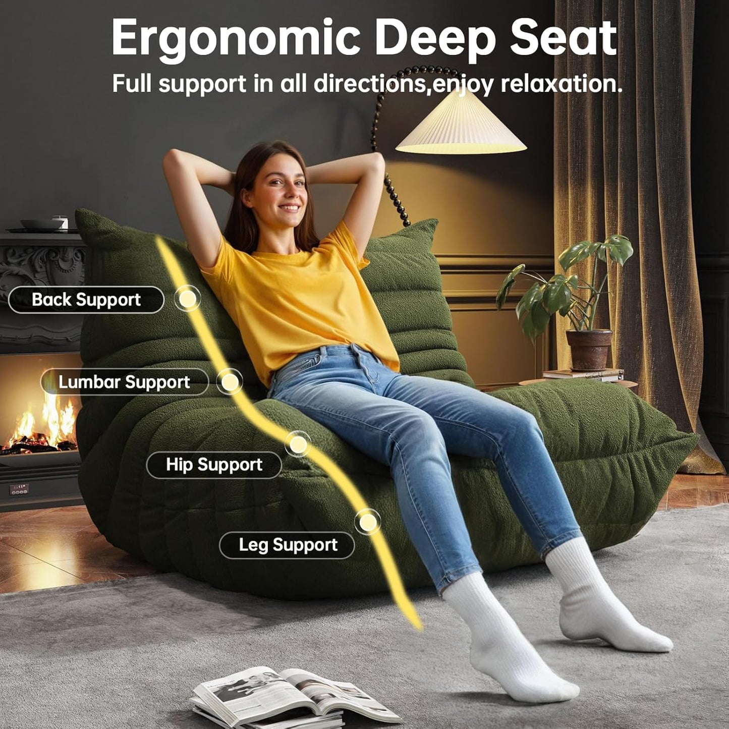 Bean Bag Chairs for Adults, BeanBag Reading Chair Memory Foam Couch, Floor Chair Soft Teddy Material, Comfy Reading Nook Chairs for Bedroom Living Room Office (Green)