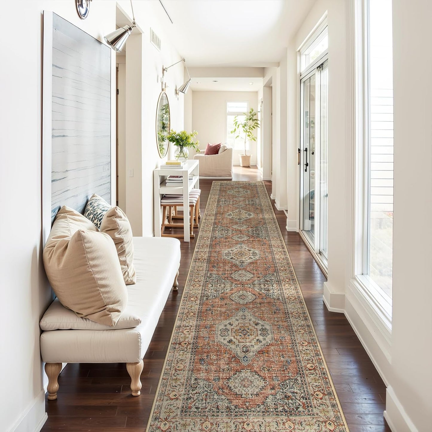 Lahome Oriental Kitchen Runners for Hallways, 2.5x12 Washable Runner Rug Non Slip, Soft Hallway Rug Distressed Ultra-Thin Long Carpet for Bathroom Entryway ‎Bedroom, Peach/Orange