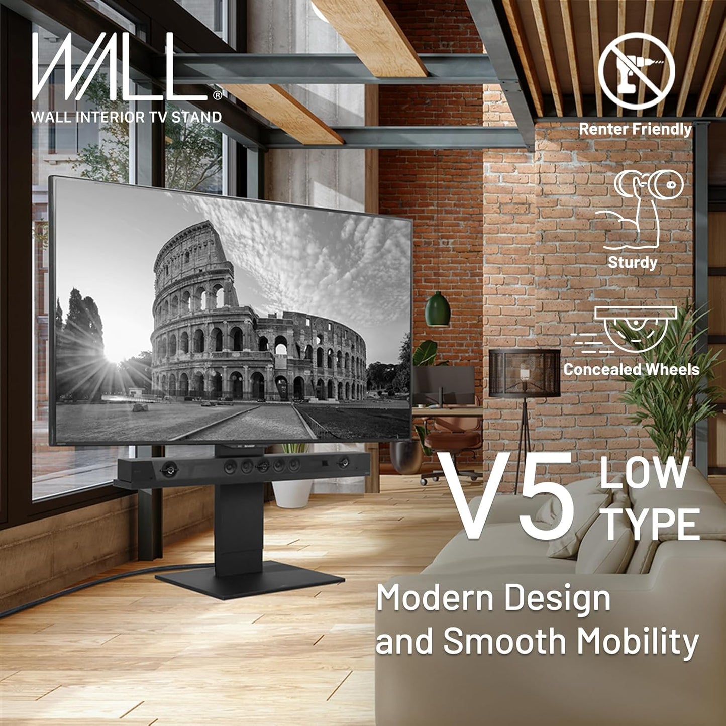 WALL V5 Low Type | Minimalist Rolling TV Stand for 32–80 Inch | Satin Black | Portable, Space Saving, Height Adjustable, No Drill | for Living Room and Bedroom | Japan-Engineered Design