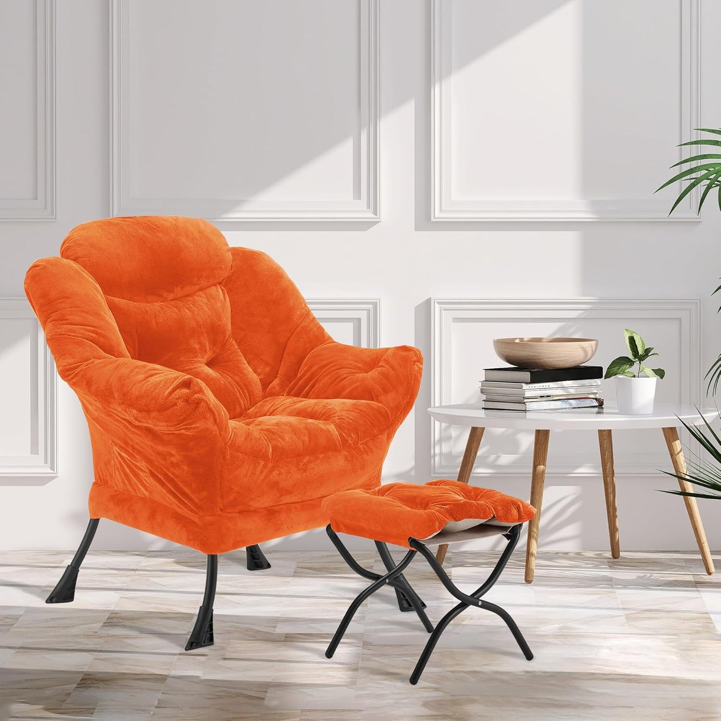 Fabric Lazy Chair with Ottoman, Oversized Upholstered Sofa Chair for Adults, Plush Comfy Lounge Chair with Large Side Storage Pocket, Reading Chair for Living Room, Bedroom, Office, Orange