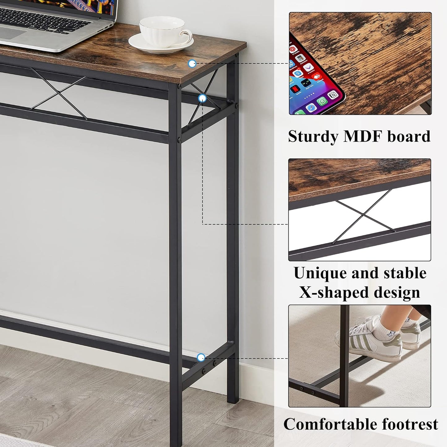 VECELO 39.4In Narrow Sofa/Console Table with Charging Station & Power Outlet and USB Ports, for Entryway, Living Room, Office, Industrial, Metal Frame, 2 Pack, Rustic Brown