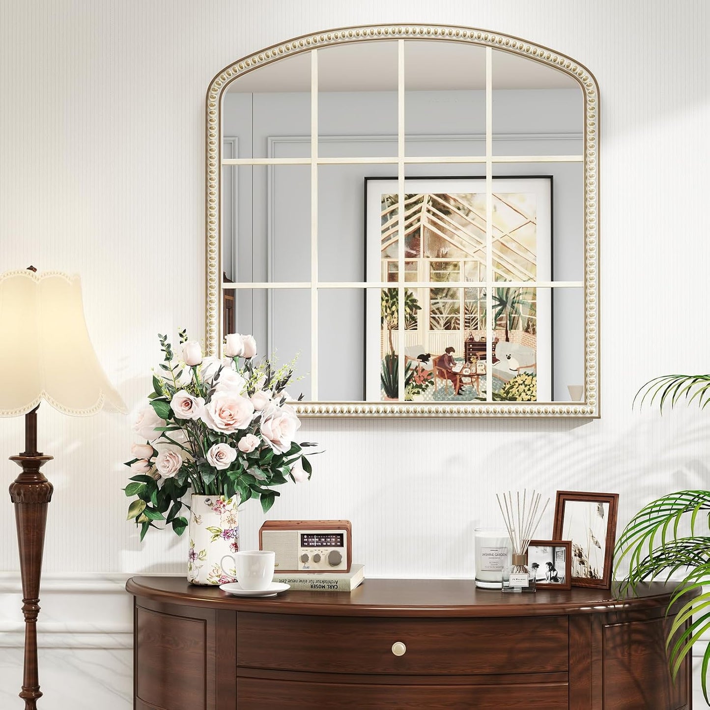 36''x36'' Wooden Wide Arched Mirrors for Wall with Window Girds, Large Farmhouse Decorative Mirror for Living Room, Entryway, Hallway, Fireplace, Bathroom