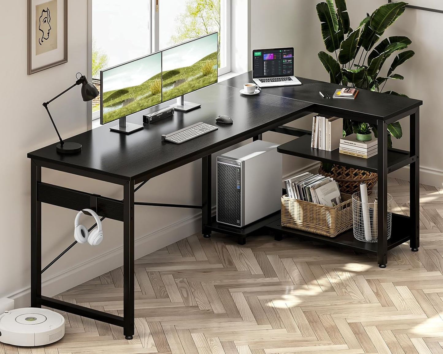 Casaottima L Shaped Computer Desk, 55 Inch Small Corner Desk with Storage Shelves & PC Stand, Reversible Gaming Desk for Bedroom, Modern Writing Study Table for Home Office, Black