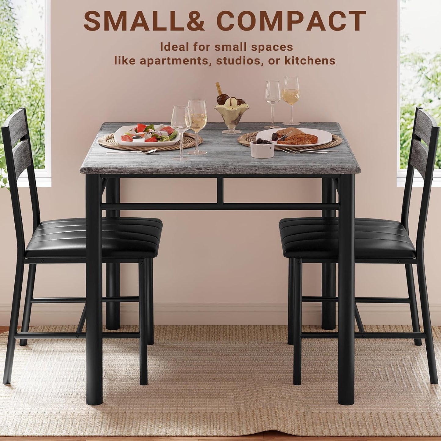 IRONCK Dining Table Set for 2, Small Kitchen Table with Upholstered Chairs for Kitchen & Dining Room, Compact Dining Set for Small Spaces, Gray